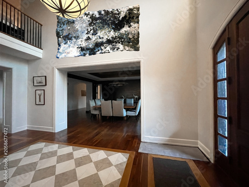 Foto Elegant entryway with diamond pattern floor, abstract art and dining room view