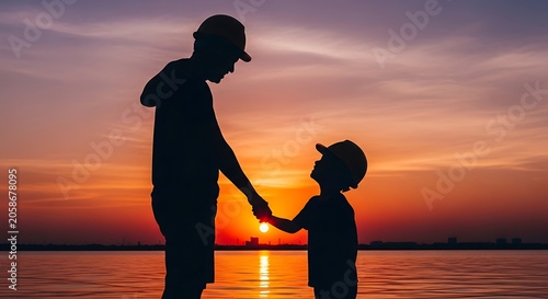 Silhouetted Father and Child Holding Hands by Calm Lake at Sunset