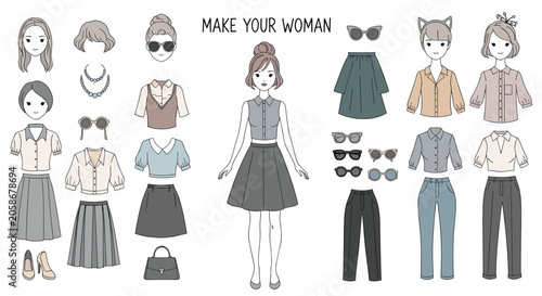 Paper doll dress up set to create custom woman outfits with various hairstyles, shirts, skirts, trousers, and sunglasses.