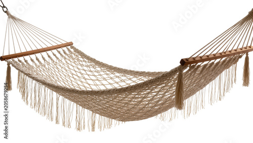 Photos Woven cotton rope hammock with wooden spreader bars, isolated on transparent bac