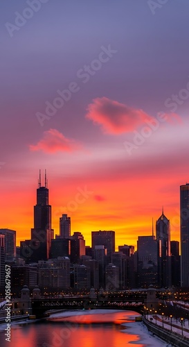 Dramatic City Skyline Silhouetted at Colorful Sunset Over River
