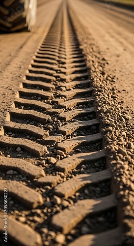 Deep Tire Track Imprinted in Dusty Gravel Road at Warm Sunset