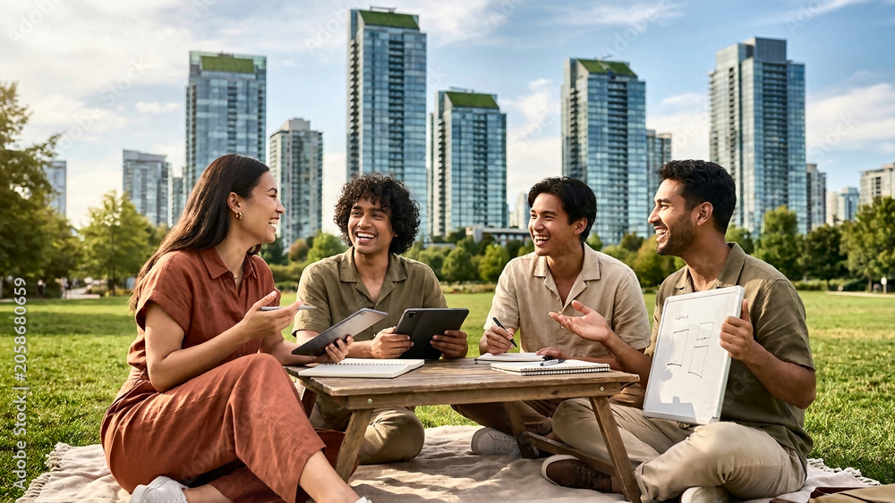 Fototapeta premium Friends Sharing Laughter and Snacks Outdoors