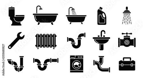 Collection of black silhouette plumbing icons including bathtub, toilet, faucet, sink, pipes, and tools on a white background.