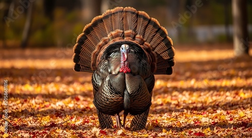 Wild Male Turkey Displaying Fan Tail on Autumn Forest Floor