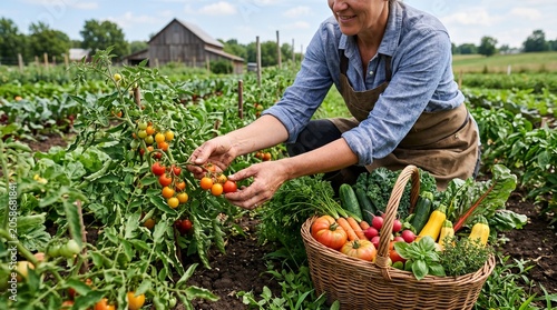 Fresh Harvest from Organic Vegetable Garden with Ripe Tomatoes