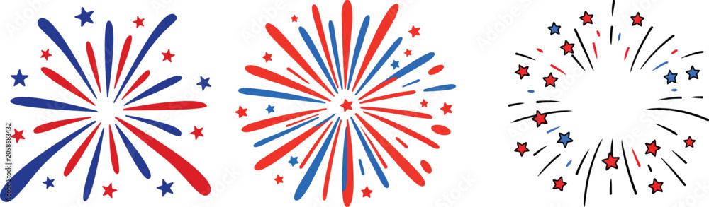 Fototapeta premium Collection of decorative fireworks bursts in patriotic colors for independence day designs with fireworks patriotic independence celebration pyrotechnics