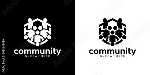 Modern vector logo illustration showcasing abstract human figures forming a unified group within a hexagonal design, symbolizing connection, teamwork, and a strong social community network