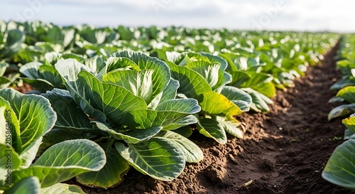 Fresh Green Cabbage Plants Growing in Sunny Agricultural Field