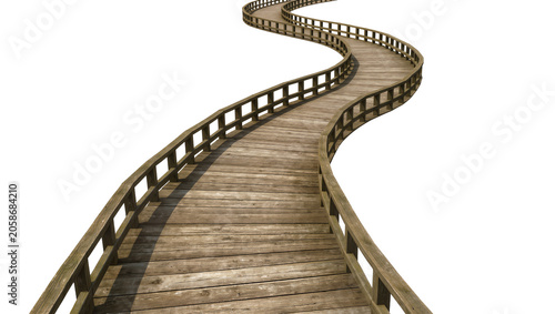 Fotografia Weathered wooden boardwalk with railings, winding path isolated on transparent b