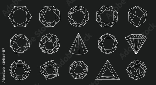 Grid of white geometric wireframe shapes including spheres, cones, prisms, and pyramids on a solid dark gray background.