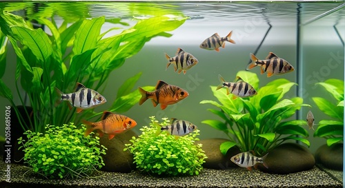 Colorful Tropical Fish Swimming Among Green Aquatic Plants in Home Aquarium