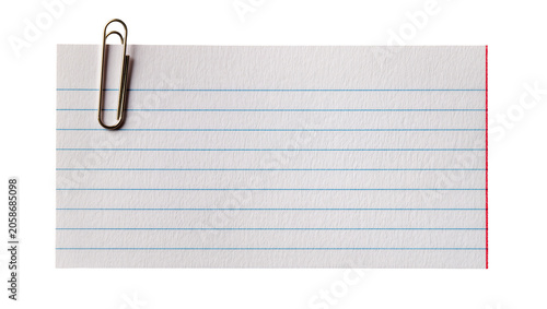 Golden paperclip holding lined index card, isolated on transparent background