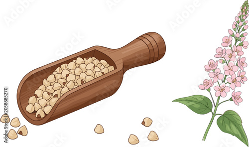 Quadro su tela Green buckwheat seeds in wooden scoop with blooming plant vector illustration set for organic agriculture healthy food packaging design