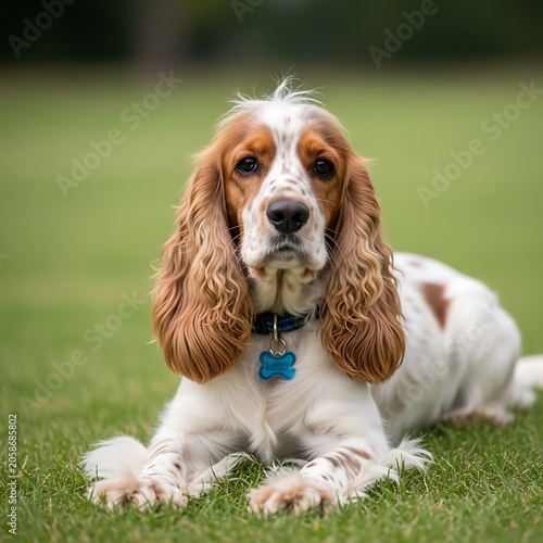 Brown and White Spaniel Dog Lying on Green Grass in Outdoor Park