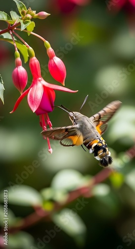 Colorful Hummingbird Moth Feeding on Pink Fuchsia Flower in Garden