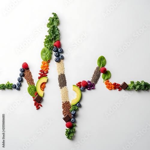 Colorful Healthy Food Arranged As Heartbeat Line on White Background