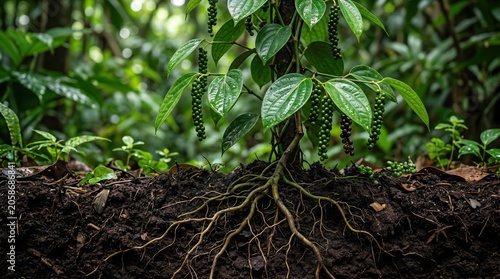 Black pepper vine cross-section showing glossy green leaves with hanging berry clusters above and intertwining root system spreading through dark tropical forest soil below
