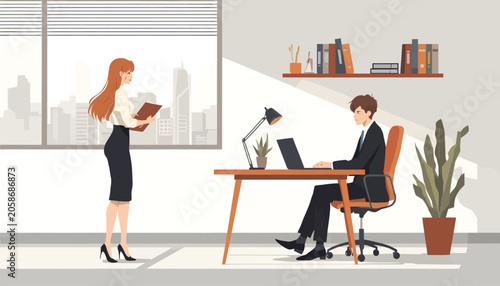 Office workplace illustration colleagues laptop clipboard professional meeting discussion concept