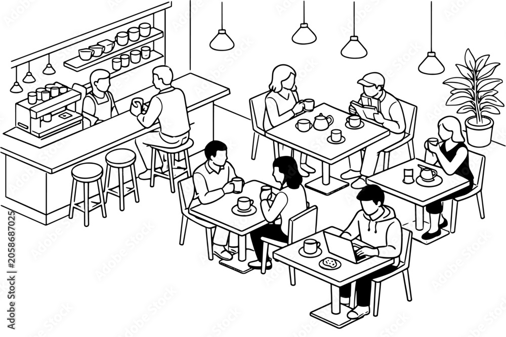 Naklejka premium Architectural Isometric Restaurant Line Drawing