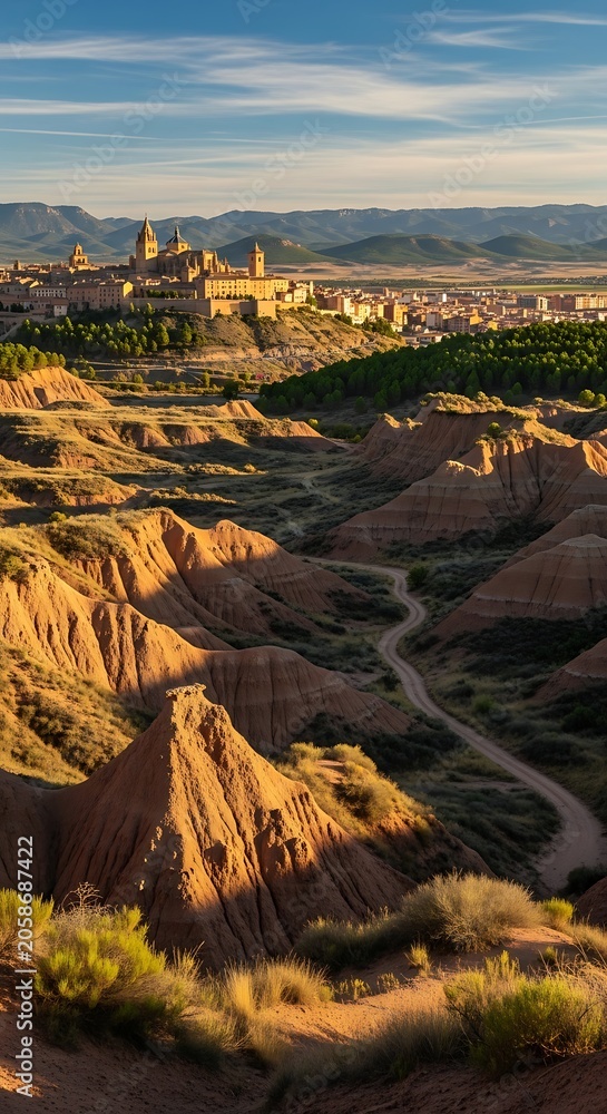 Obraz premium Sunlit Historic Hilltop Town Overlooking Rugged Desert Badlands and Distant Mountains
