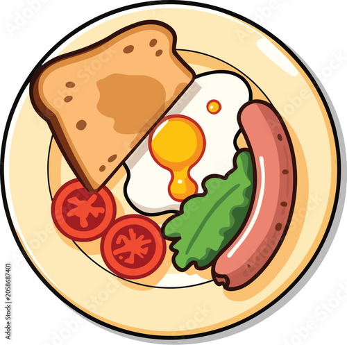 Breakfast plate illustration fried egg toast sausage tomato lettuce classic meal concept
