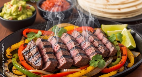 Sizzling Grilled Steak Fajita Served with Colorful Bell Pepper on Rustic Table