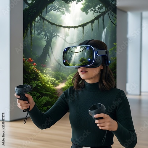 Young Woman Using Virtual Reality Headset with Jungle Scene in Modern Interior