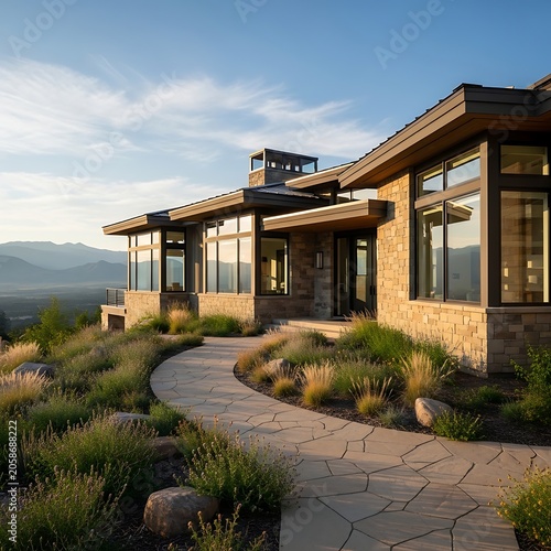 Modern Stone Luxury Home Overlooking Mountain Landscape at Sunset