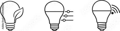 Smart LED light line icon set with modern lighting, home automation and energy saving symbols.