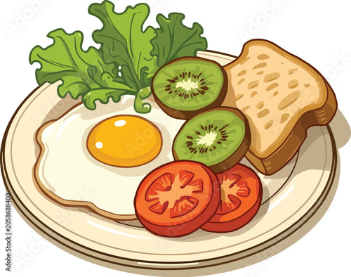 Breakfast plate illustration fried egg toast tomato kiwi lettuce healthy meal concept