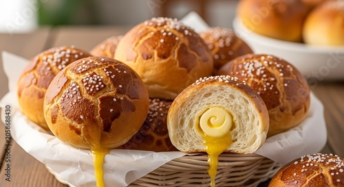 Glossy Cream Filled Bread Rolls Arranged in Wicker Basket on Wooden Table