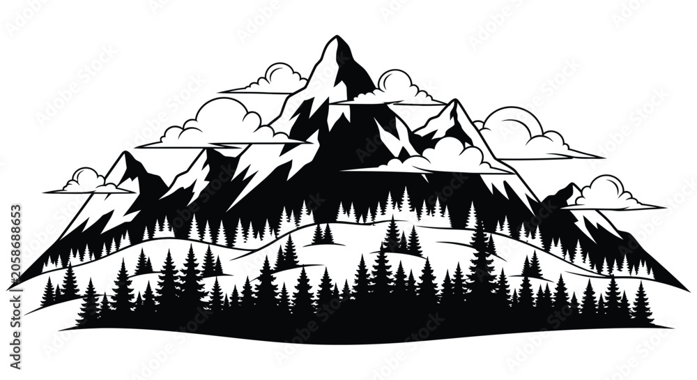 Obraz premium Mountain Range Silhouette With Forest And Clouds Black And White