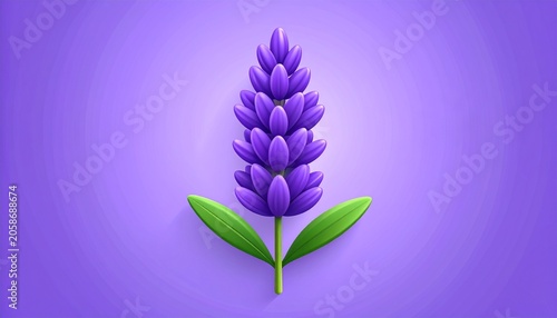 Close-up of a vibrant purple flower with green leaves against a soft gradient background.