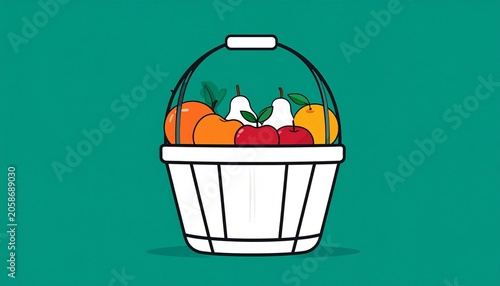 Colorful basket with fresh fruits and vegetables on turquoise background.