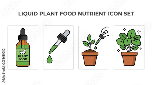 Fotografie Liquid plant food nutrient icon set for gardening.