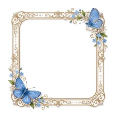 Elegant square frame featuring blue butterflies, delicate flowers, and ornamental details. Ideal for invitations, cards, and branding designs.