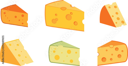 Foto Gourmet cheese wedges and slices vector illustration set featuring various colorful yellow orange and green chunks for food menu design