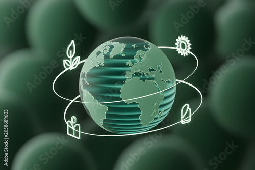 Stylized 3D illustration of green Earth surrounded by glowing orbit lines and eco icons for leaf, sun, water, and human, symbolizing global sustainability, renewable energy, and environmental balance