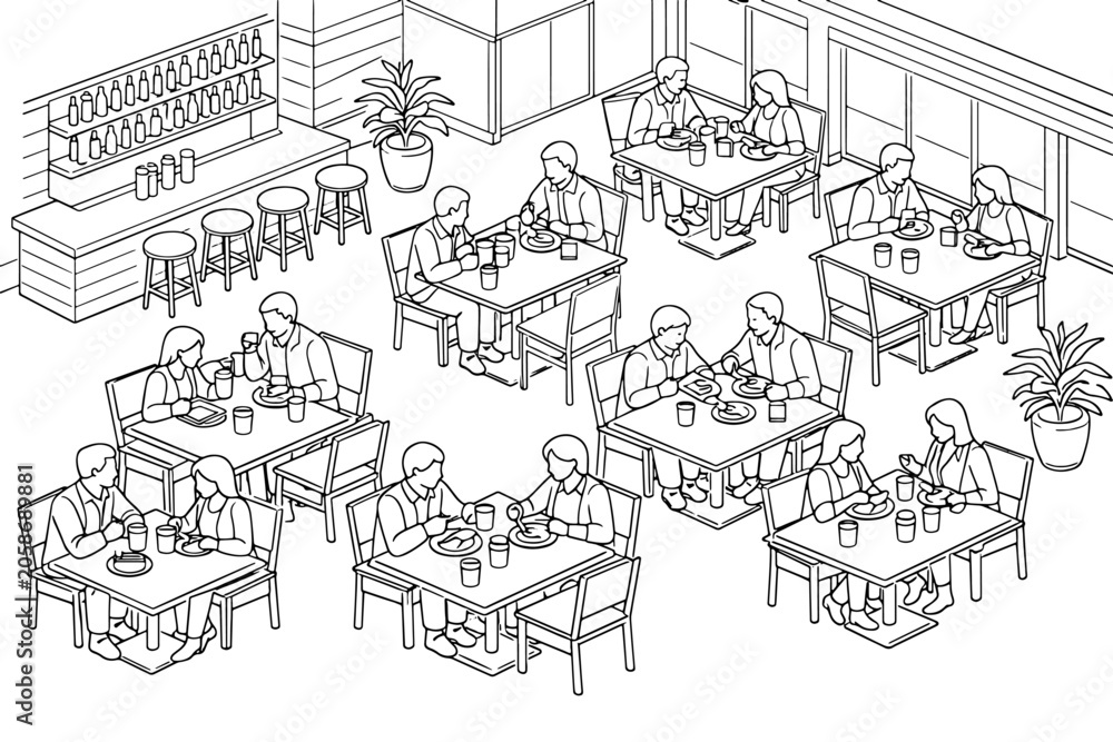 Fototapeta premium Isometric Restaurant Table Seating Line Drawing