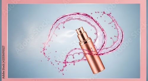 Rose Gold Cosmetic Spray Bottle Surrounded by Pink Liquid Splash on Blue Background