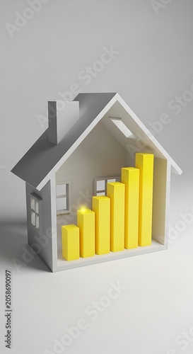 Minimal White House Model Showing Rising Yellow Bar Chart on Gray Studio Background