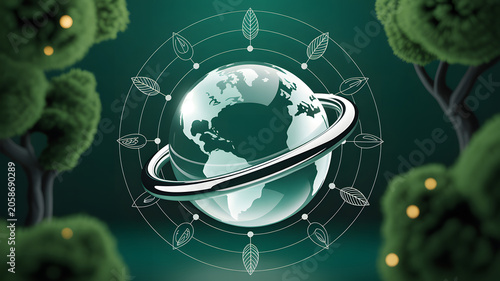 Stylized 3D illustration of Earth surrounded by metallic ring and leaf pattern, framed by green trees, symbolizing sustainability, ecology, and global environmental awareness