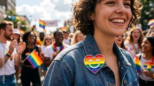 Smiling Young Woman Wearing Rainbow Heart Pin at Sunny Pride Parade