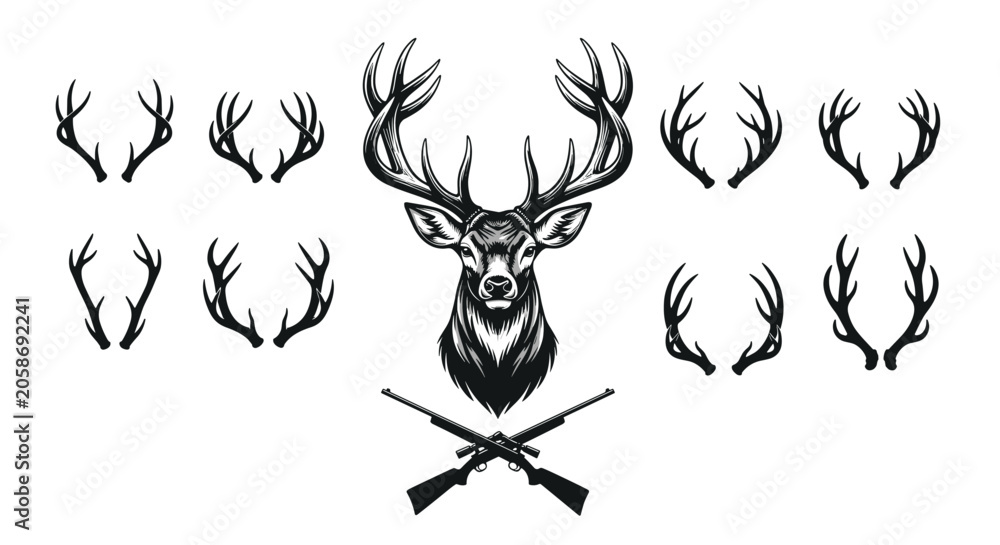 Fototapeta premium Hunting club emblem featuring a majestic stag head with large antlers, crossed rifles, and antler options.