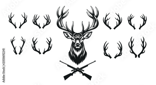 Hunting club emblem featuring a majestic stag head with large antlers, crossed rifles, and antler options.
