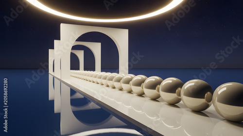 Surreal minimalist 3D scene featuring glowing arches, reflective spheres, and illuminated rings over a calm blue surface under a starry sky, symbolizing innovation and modern design