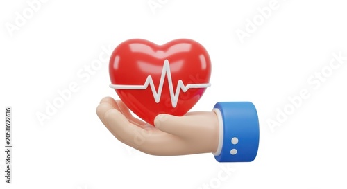 3D Hand Holding Red Heart with Heartbeat Line for Healthcare and Medic
