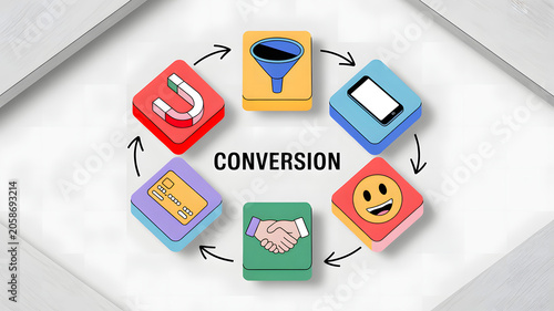 Colorful 3D illustration of six icons arranged in a circular flow around the word CONVERSION, symbolizing marketing funnel, customer engagement, and sales transformation process