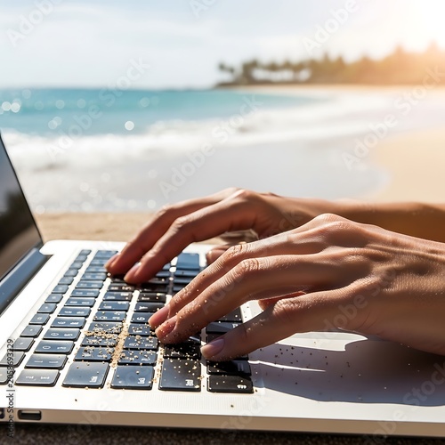 Close Up Hands Typing on Sandy Laptop at Sunny Beach